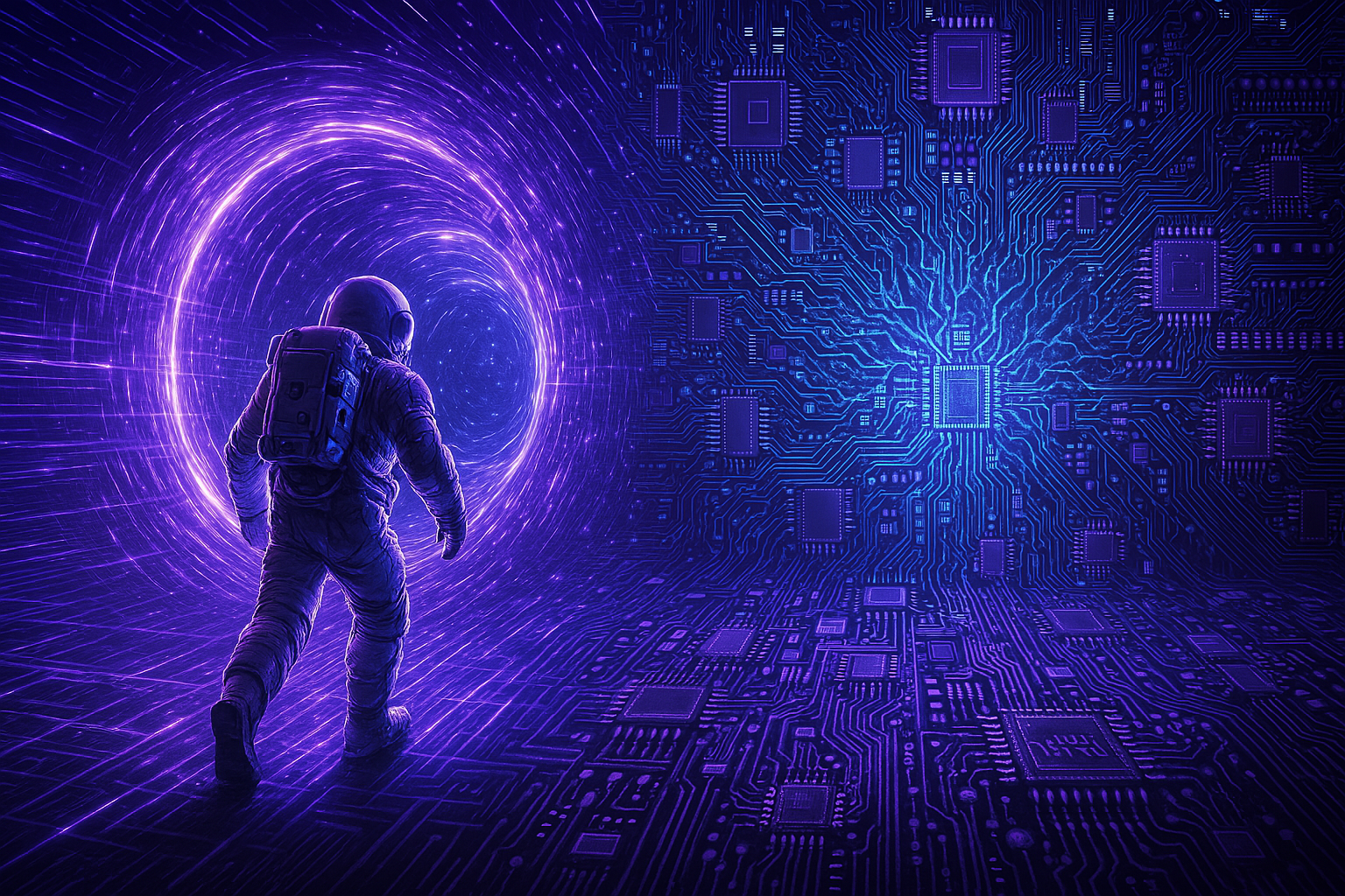 Ein Astronaut steht vor einem Portal, das in eine digitale Welt mit leuchtenden Schaltkreisen führt. Mystik und Technologie verschmelzen.