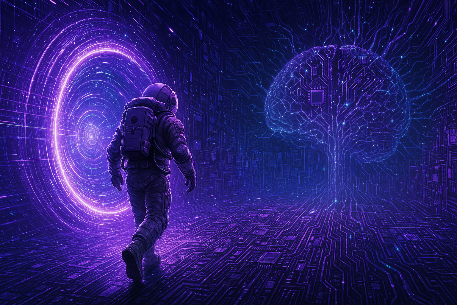 Ein Astronaut schreitet durch ein leuchtendes Portal in eine digitale Welt, während ein neuronales Netzwerk wie ein Gehirn im Hintergrund schimmert.
