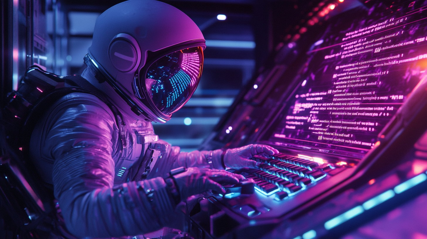 Ein Astronaut sitzt vor einem futuristischen Computer, umgeben von bunten, leuchtenden Bildschirmen und Codezeilen. Die Atmosphäre wirkt technologisch und geheimnisvoll.