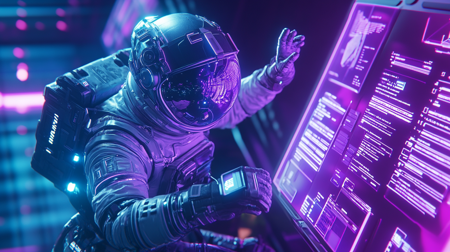 Ein Astronaut in einem futuristischen Raumanzug interagiert mit leuchtenden, holografischen Displays in einer modernen Kontrollumgebung.