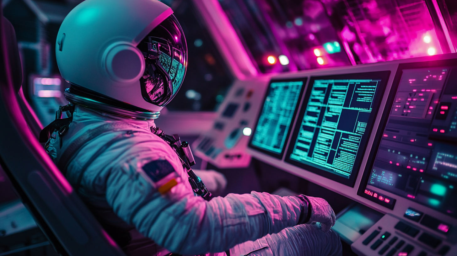 Ein Astronaut sitzt in einem futuristischen Kontrollraum, umgeben von Monitoren und bunten Lichtern, bereit für den nächsten Raumflug.
