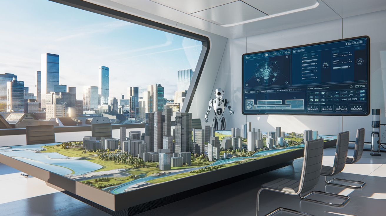 Das Bild zeigt ein modernes, futuristisches Büro mit einer großen Stadtmodell-Tabelle, einem Bildschirm mit Daten und einem Roboter im Hintergrund.